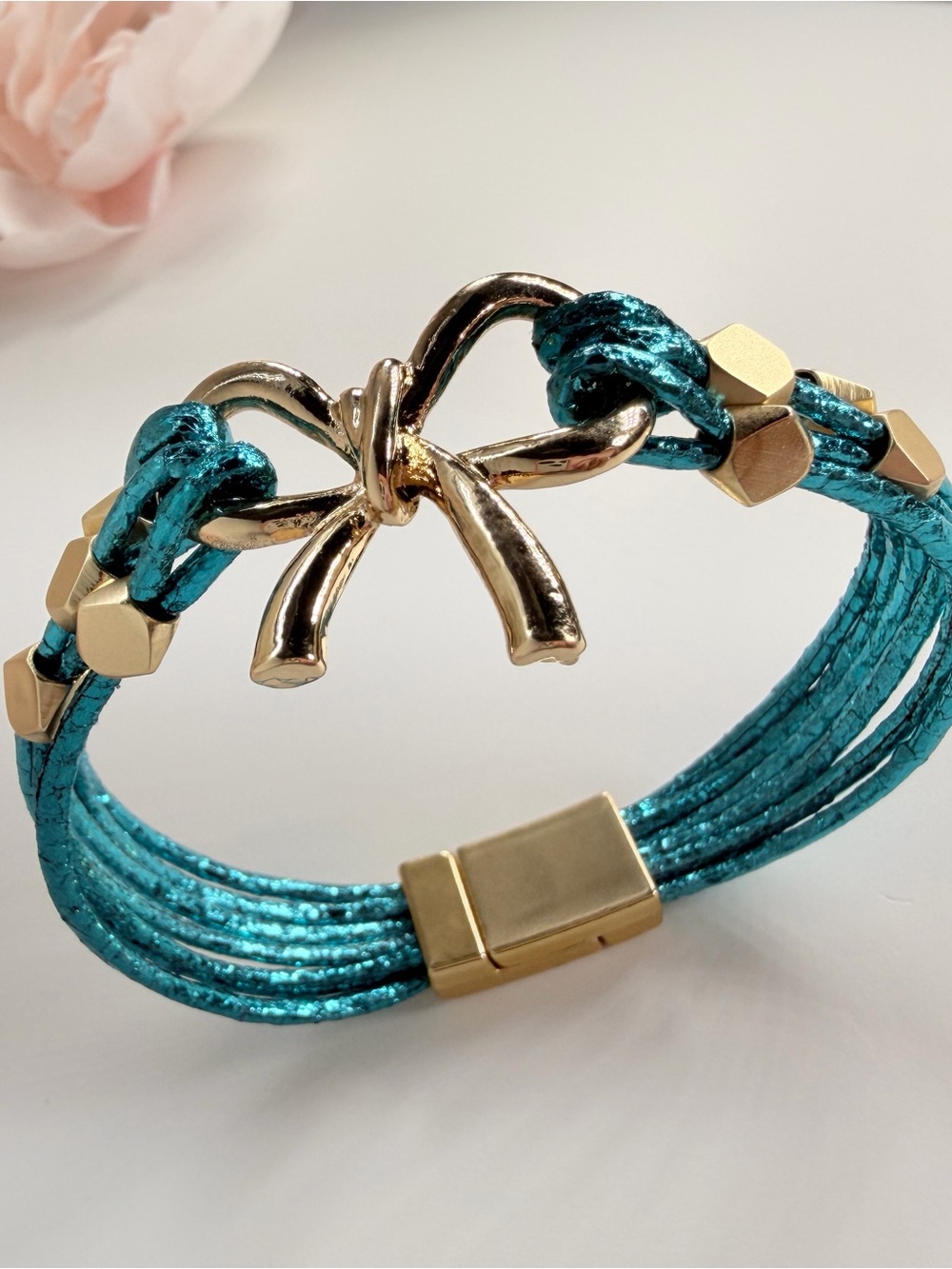 Gold Bow Accent Turquoise Multi-Strand Bracelet